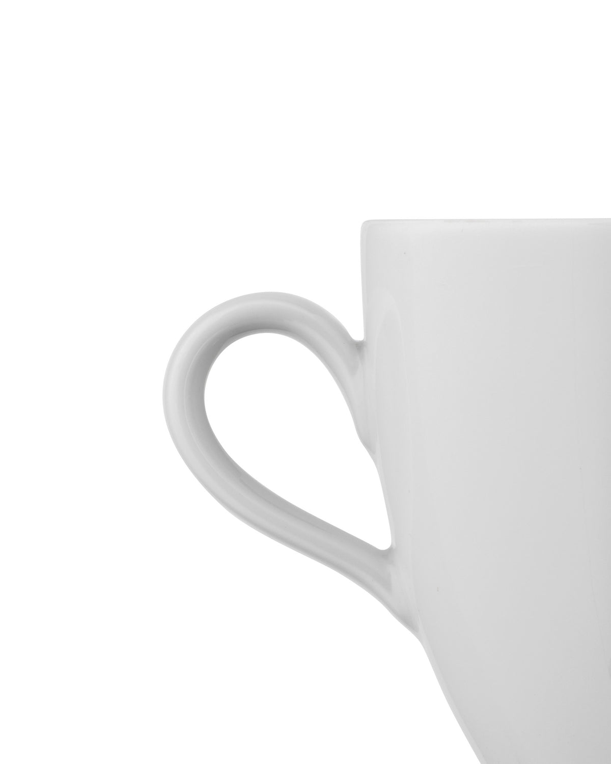 White ceramic mug by Alessi, cropped close-up showing its curved handle and smooth surface.
