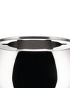Highly reflective silver-tone stainless steel pot by Alessi with a decorative cutout rim.
