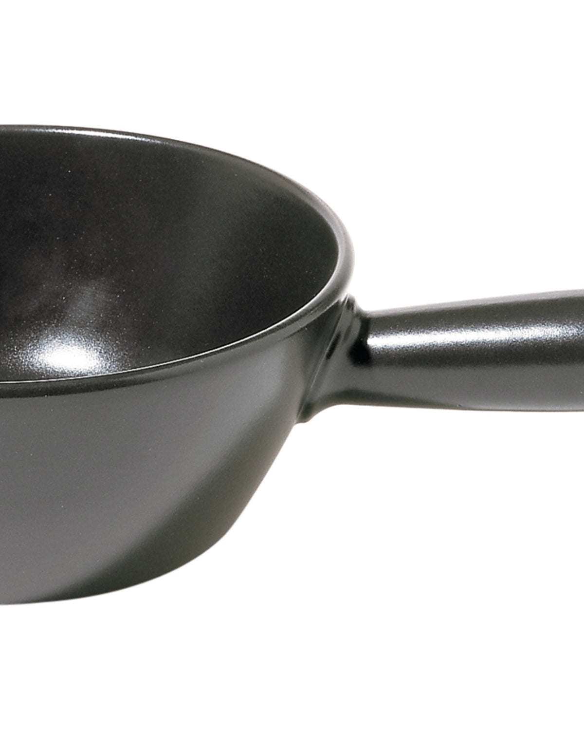 Matte black saucepan by Alessi with a glossy interior and handle, cropped view.