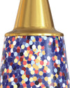 Golden-topped decorative object by Alessi, with a colorful confetti pattern on a blue body, shown cropped.