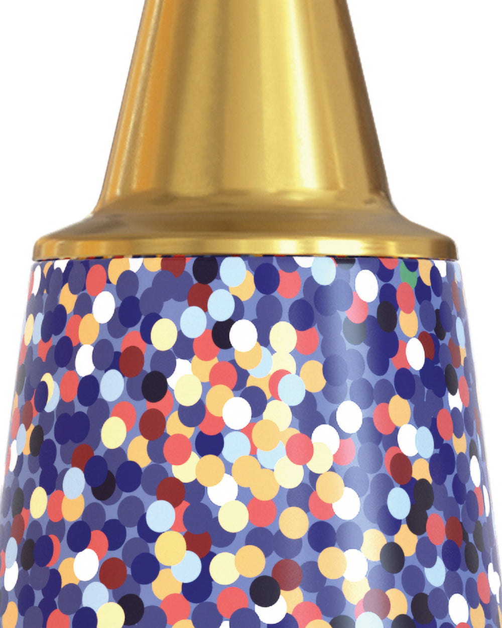 Golden-topped decorative object by Alessi, with a colorful confetti pattern on a blue body, shown cropped.