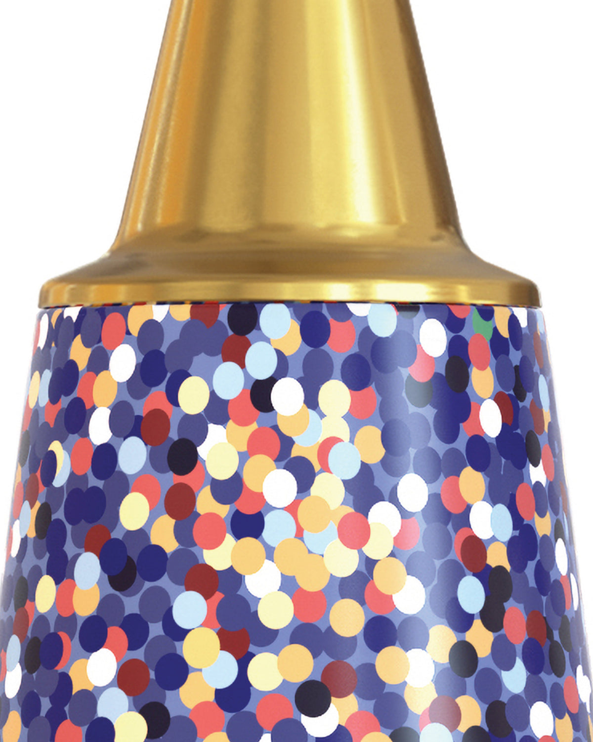 Golden-topped decorative object by Alessi, with a colorful confetti pattern on a blue body, shown cropped.