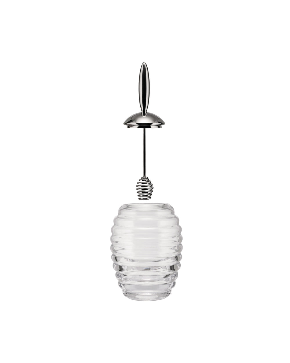 Clear glass honey pot by Alessi with a ribbed body, polished metal lid, and spiral dipper.