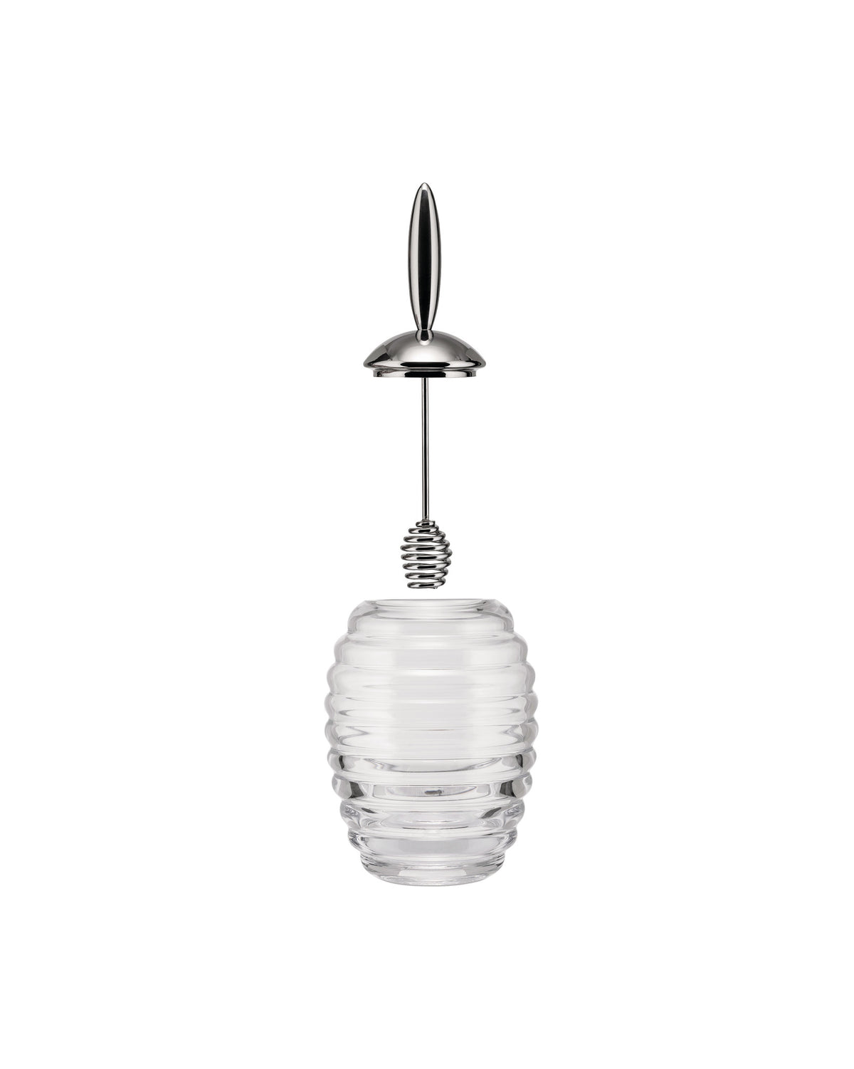 Clear glass honey pot by Alessi with a ribbed body, polished metal lid, and spiral dipper.