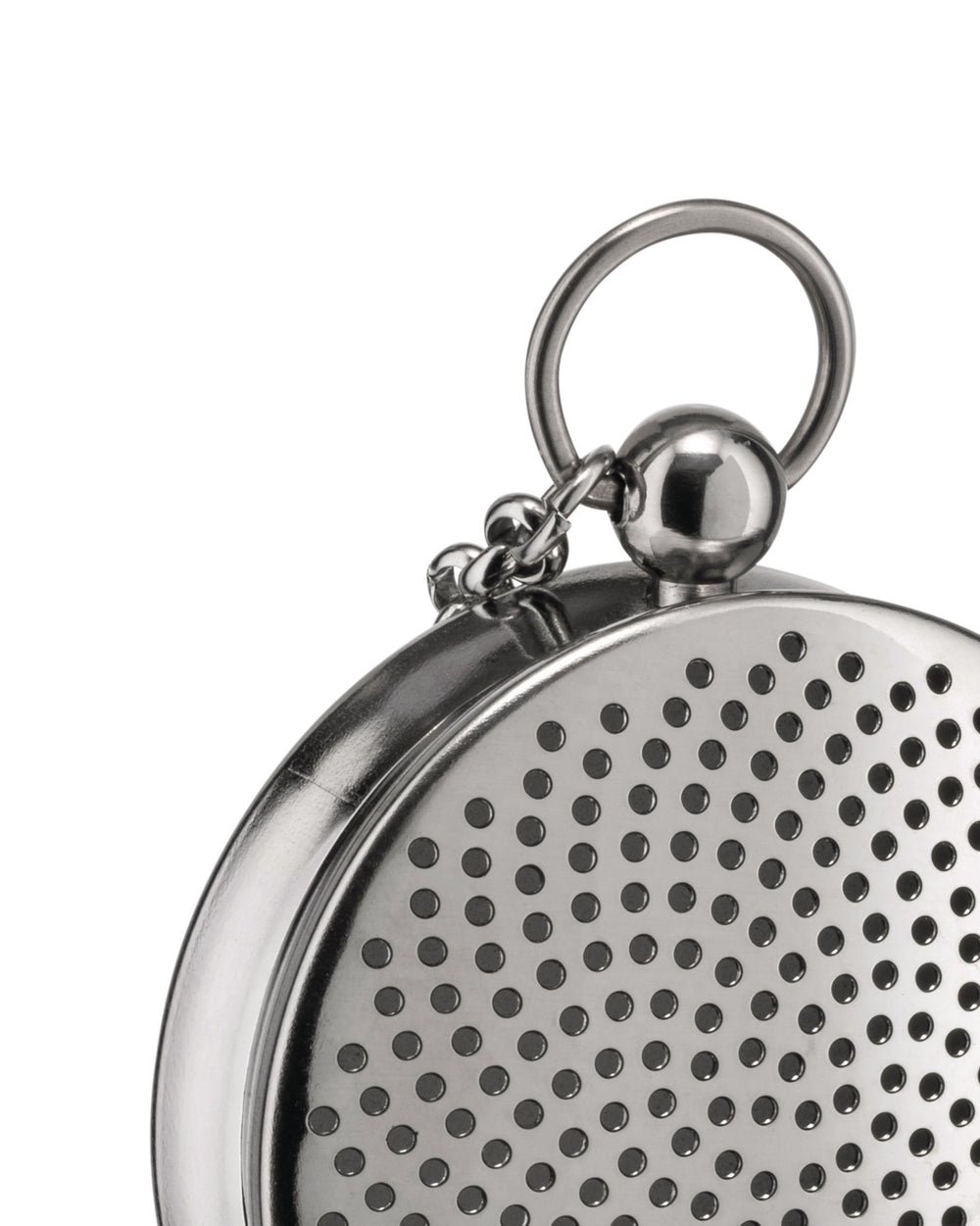 Silver metal T-Timepiece by Alessi, featuring a perforated disc and attached ring and chain, in a close-up.