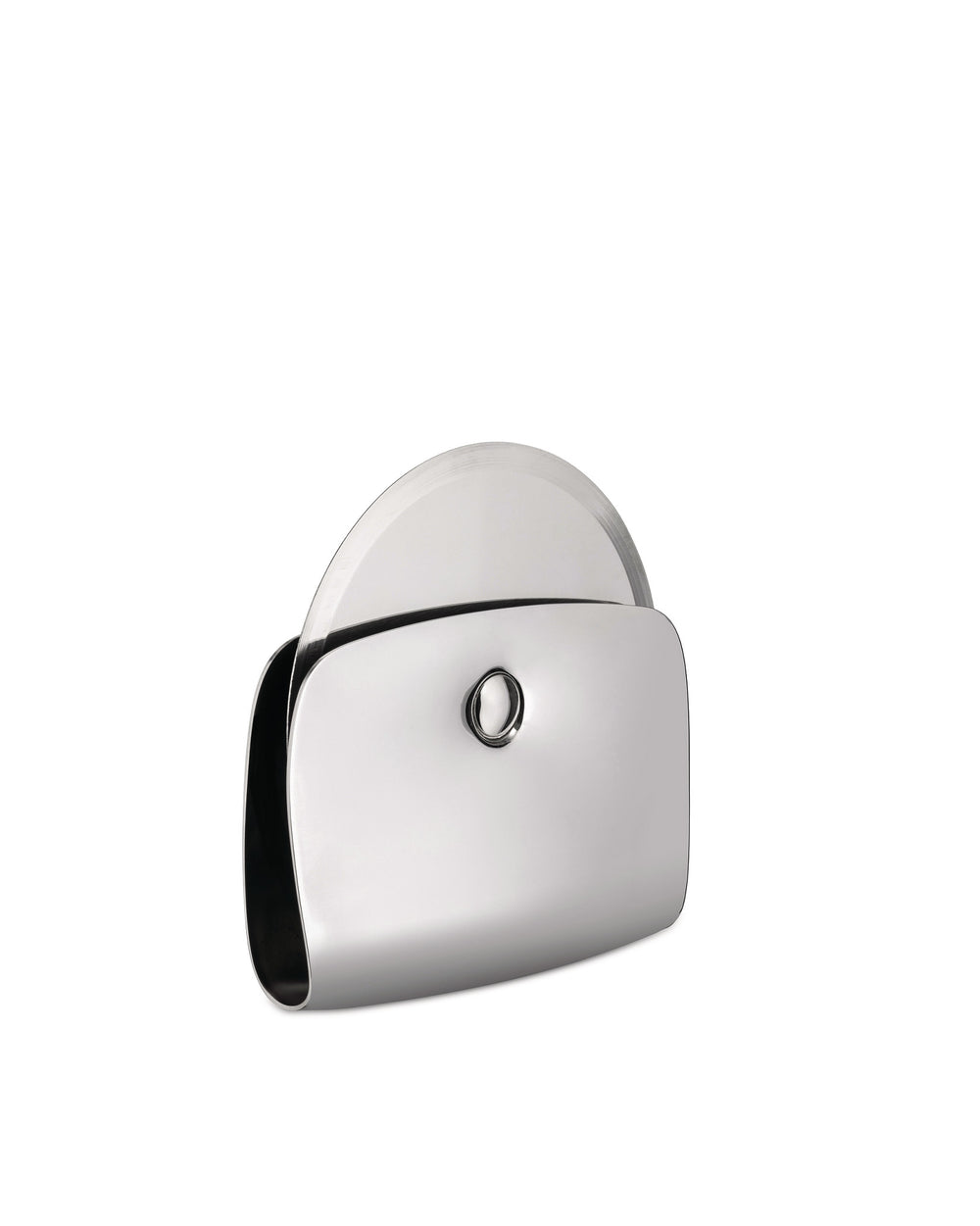 Silver stainless steel pizza cutter by Alessi, with a sleek, curved protective cover and a visible cutting blade.