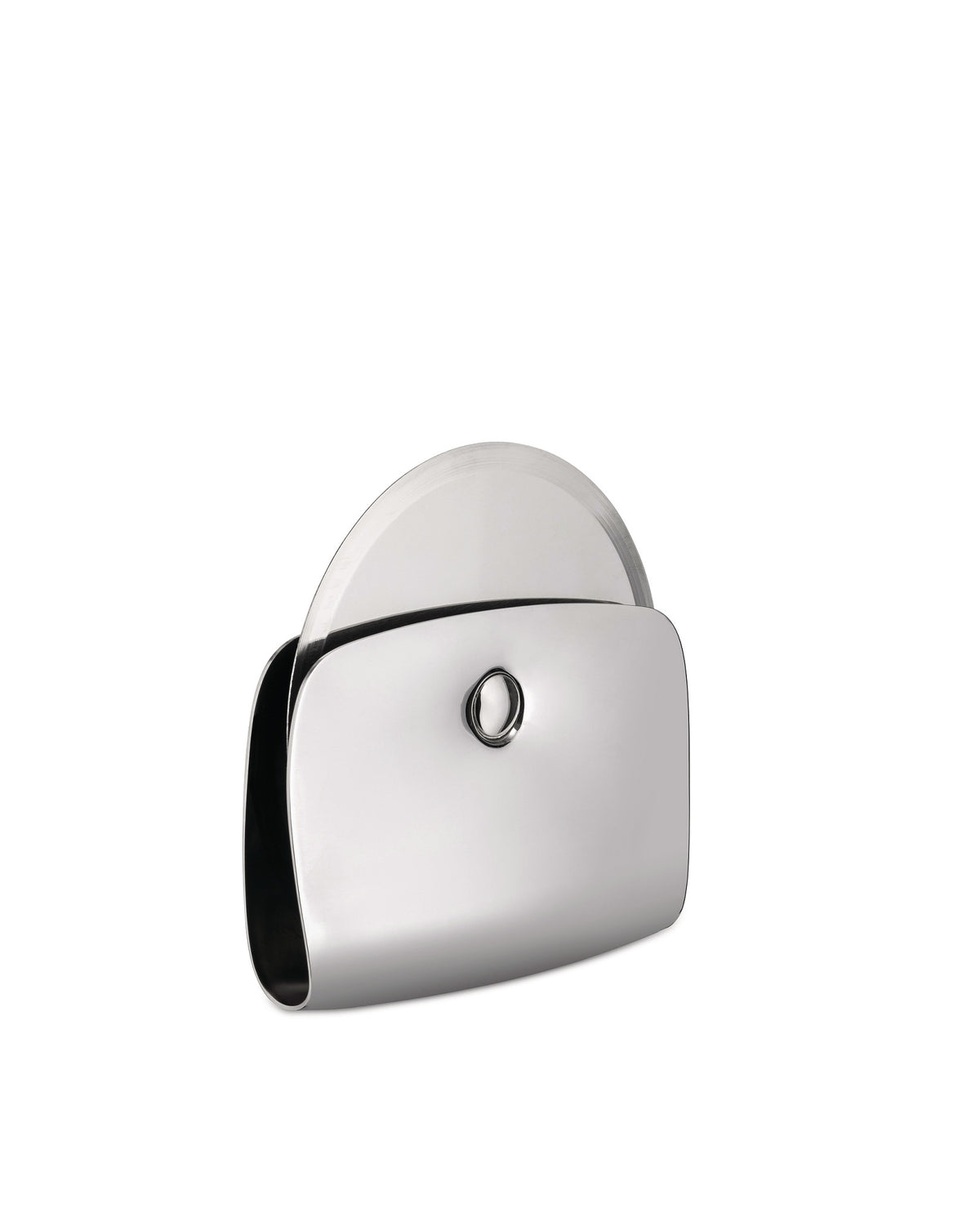 Silver stainless steel pizza cutter by Alessi, with a sleek, curved protective cover and a visible cutting blade.