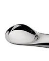 Silver serving spoon by Alessi with a highly polished, reflective, and sleek curved design, shown in a close-up.