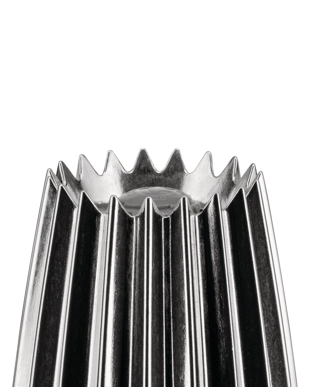 Silver metallic fluted Grind by Alessi, featuring a wavy top edge.