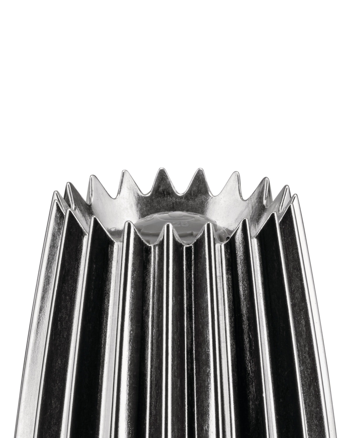 Silver metallic fluted Grind by Alessi, featuring a wavy top edge.