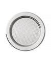Round polished stainless steel serving tray by Alessi with a dimpled surface texture on a white background.