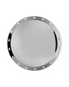 Silver metal round tray by Alessi, featuring a rim with cut-out stylized human figures.