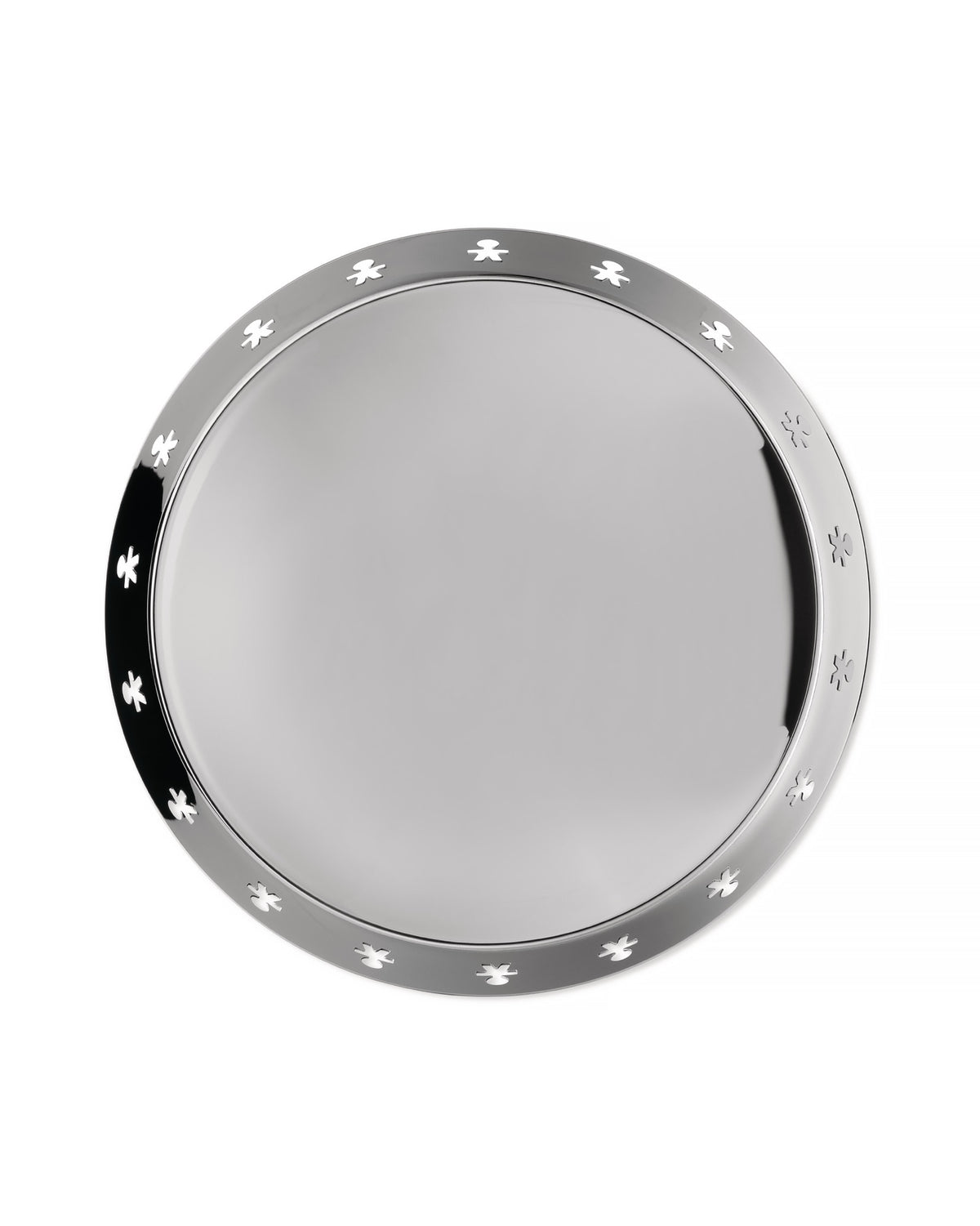 Silver metal round tray by Alessi, featuring a rim with cut-out stylized human figures.