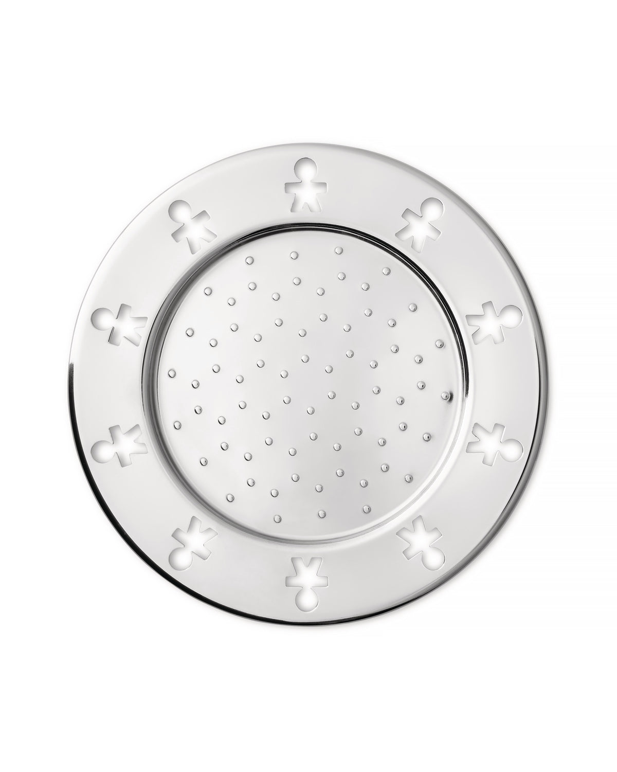 Silver-tone round tray by Alessi with cutout figures on the rim and raised dots in the center.