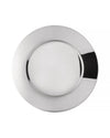 Polished silver round charger plate by Alessi, featuring a sleek design and reflective finish.