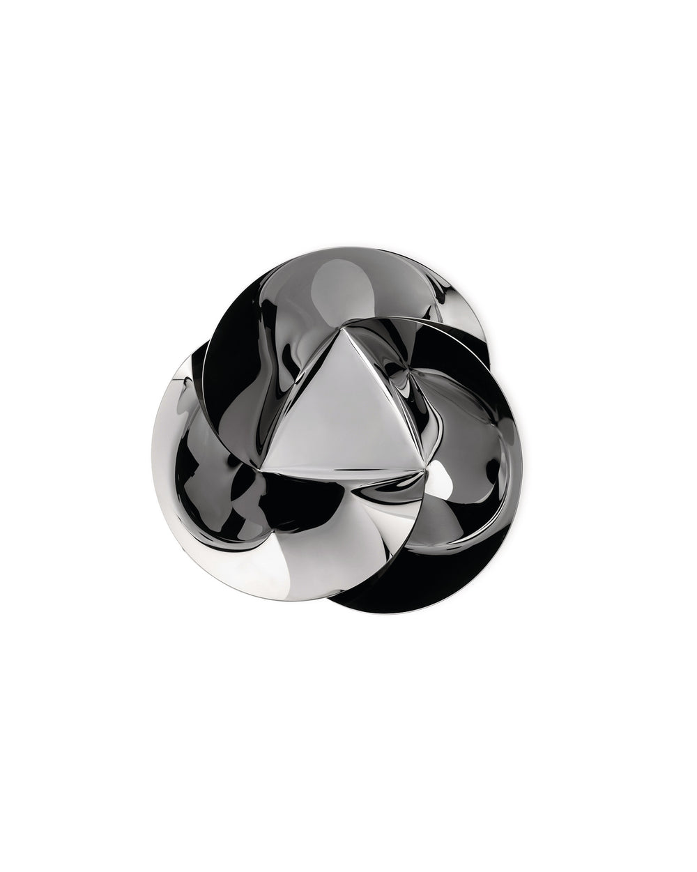 Silver polished metal basket by Alessi, with a sculptural, interwoven design and a central triangular element.