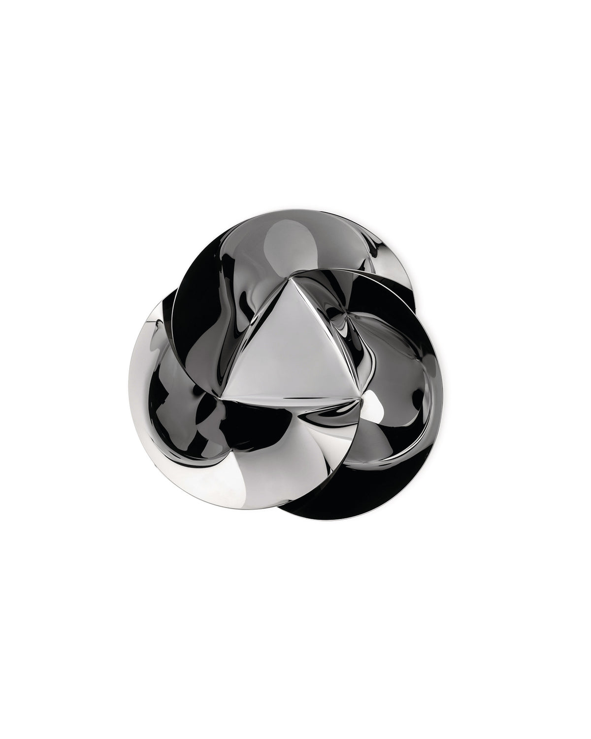 Silver polished metal basket by Alessi, with a sculptural, interwoven design and a central triangular element.