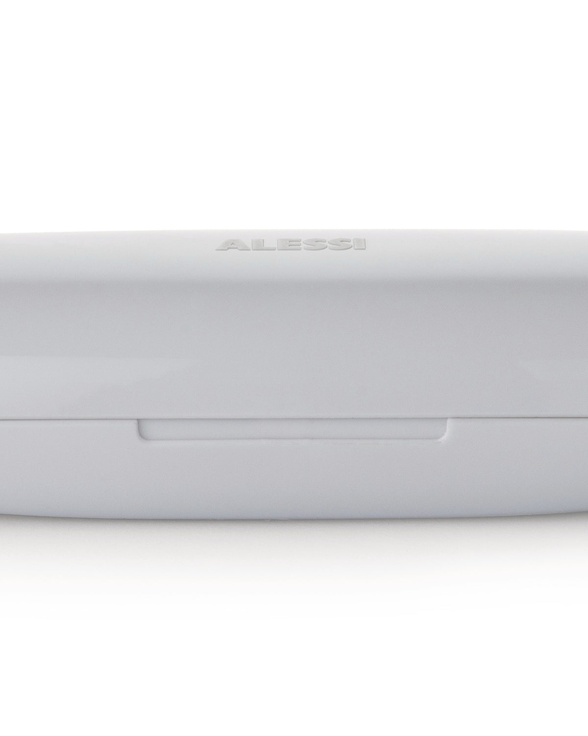 Light gray food container by Alessi, embossed with the brand logo and a visible lid seam.