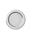 Round metallic plate by Alessi with a patterned center of raised dots and a polished rim.