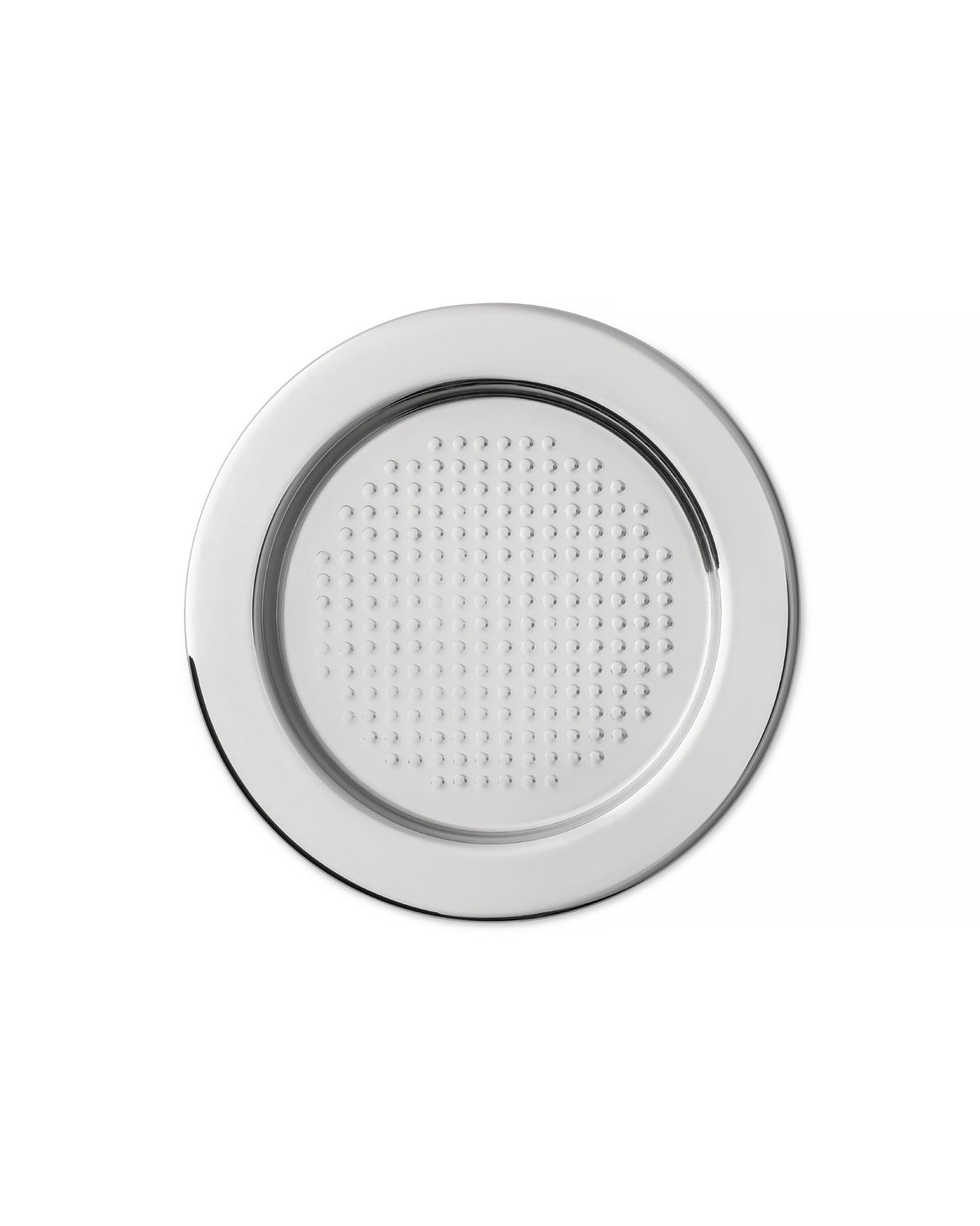 Round metallic plate by Alessi with a patterned center of raised dots and a polished rim.