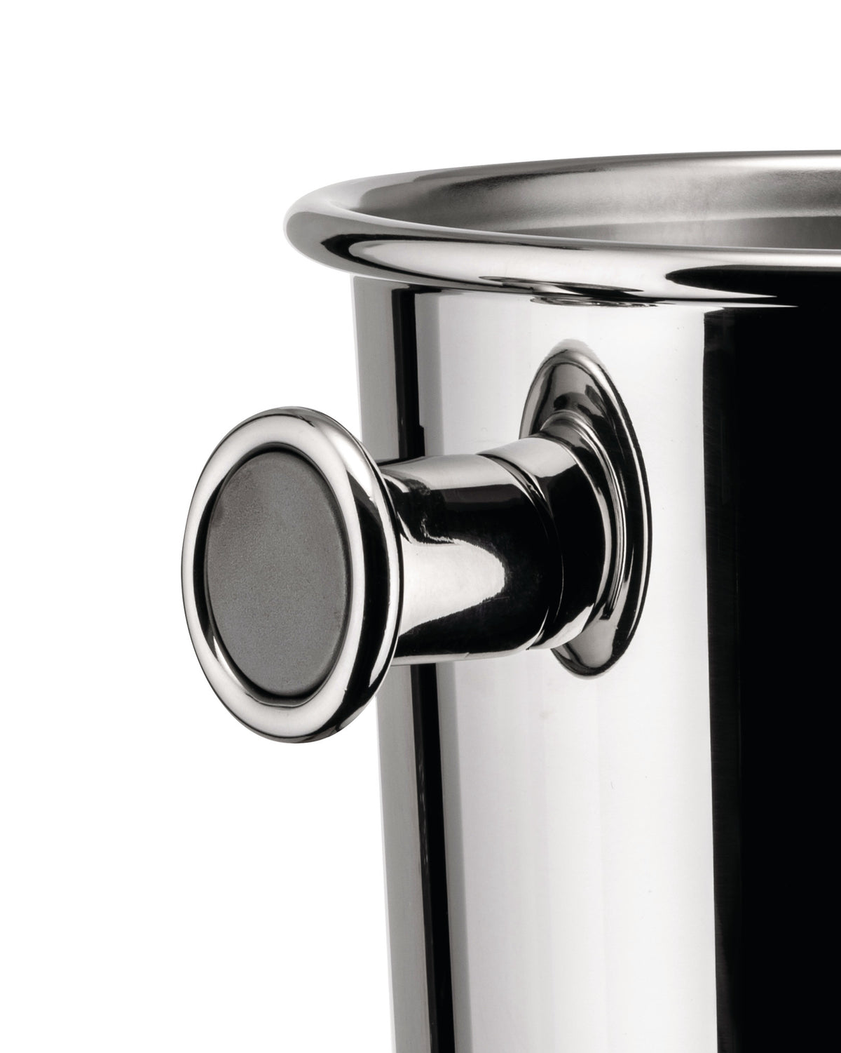 Polished stainless steel wine cooler by Alessi, close-up of a side handle and rim on white.