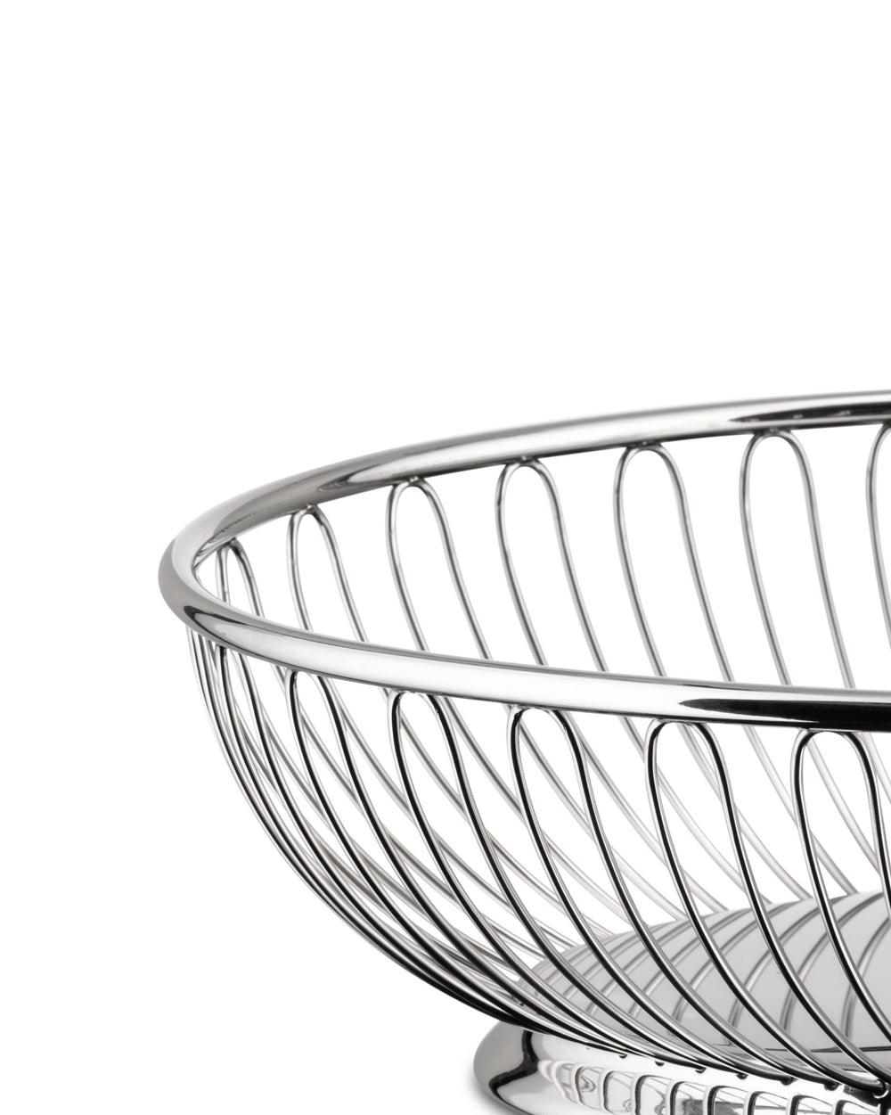 Silver metal wire bowl by Alessi with an elegant looped design, close-up.