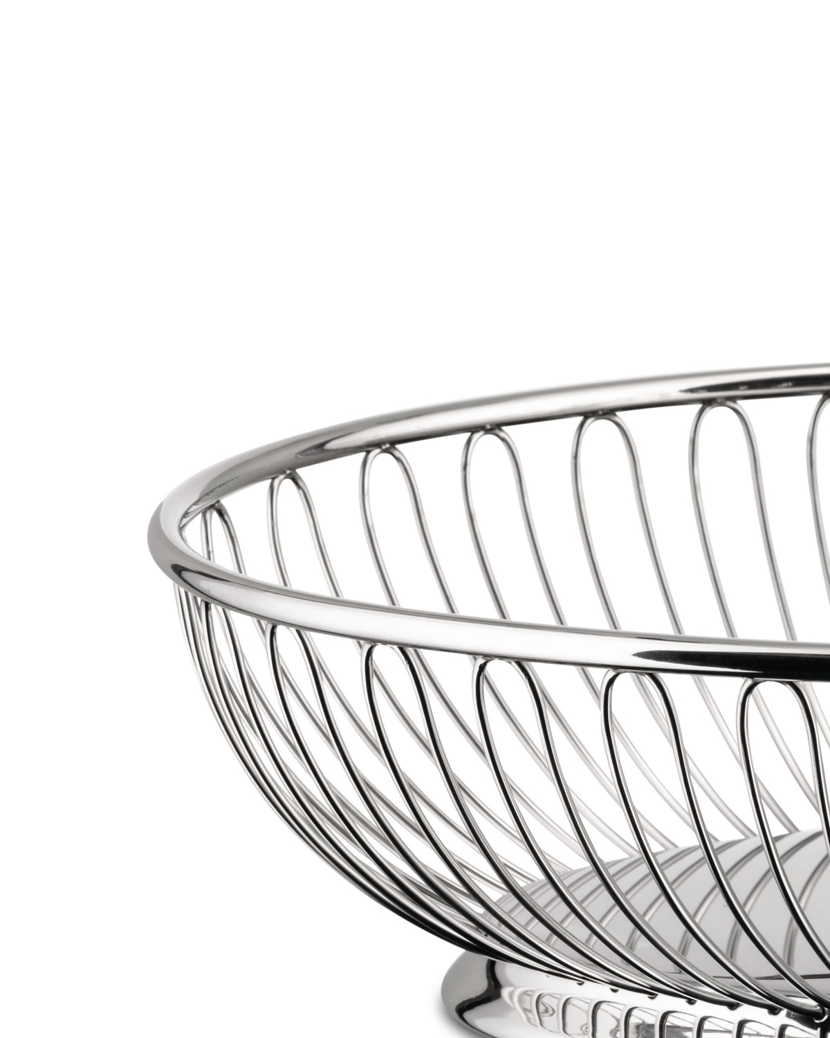 Silver metal wire bowl by Alessi with an elegant looped design, close-up.