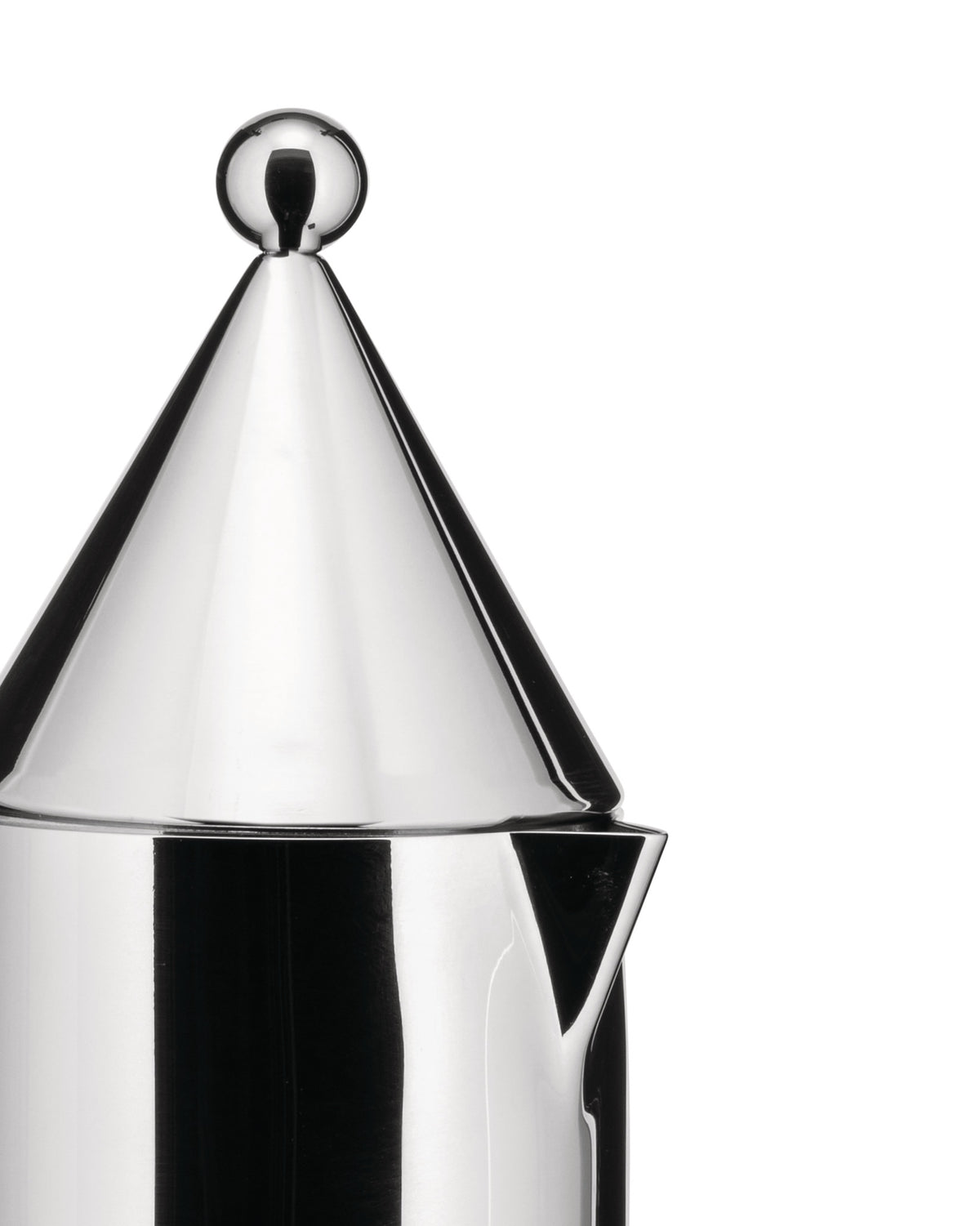 Polished conical silver coffee maker by Alessi, featuring a spherical top knob and a visible spout, cropped.