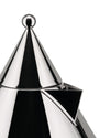 Polished stainless steel conical kettle by Alessi, with a spherical finial and angular spout, in a close-up.