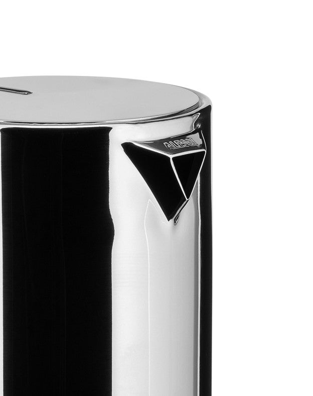 Silver metallic espresso maker by Alessi featuring an engraved brand logo on a triangular pouring spout.