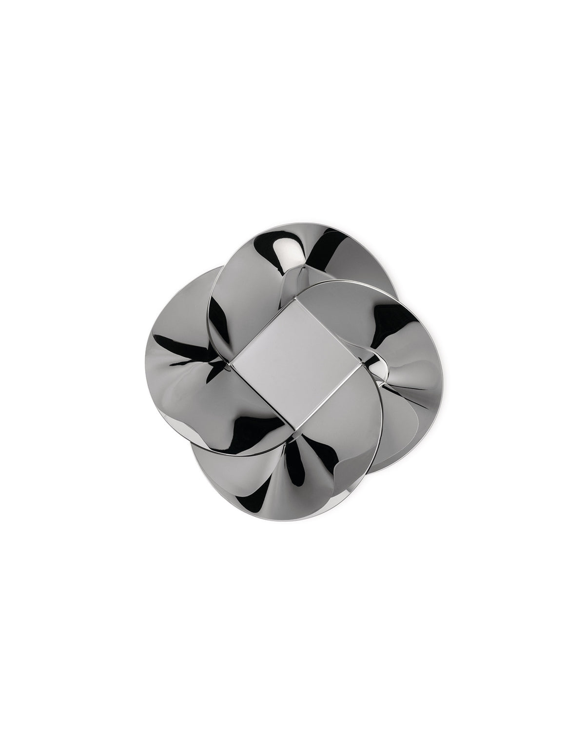 Polished chrome basket by Alessi with four reflective, twisting segments forming a central square.