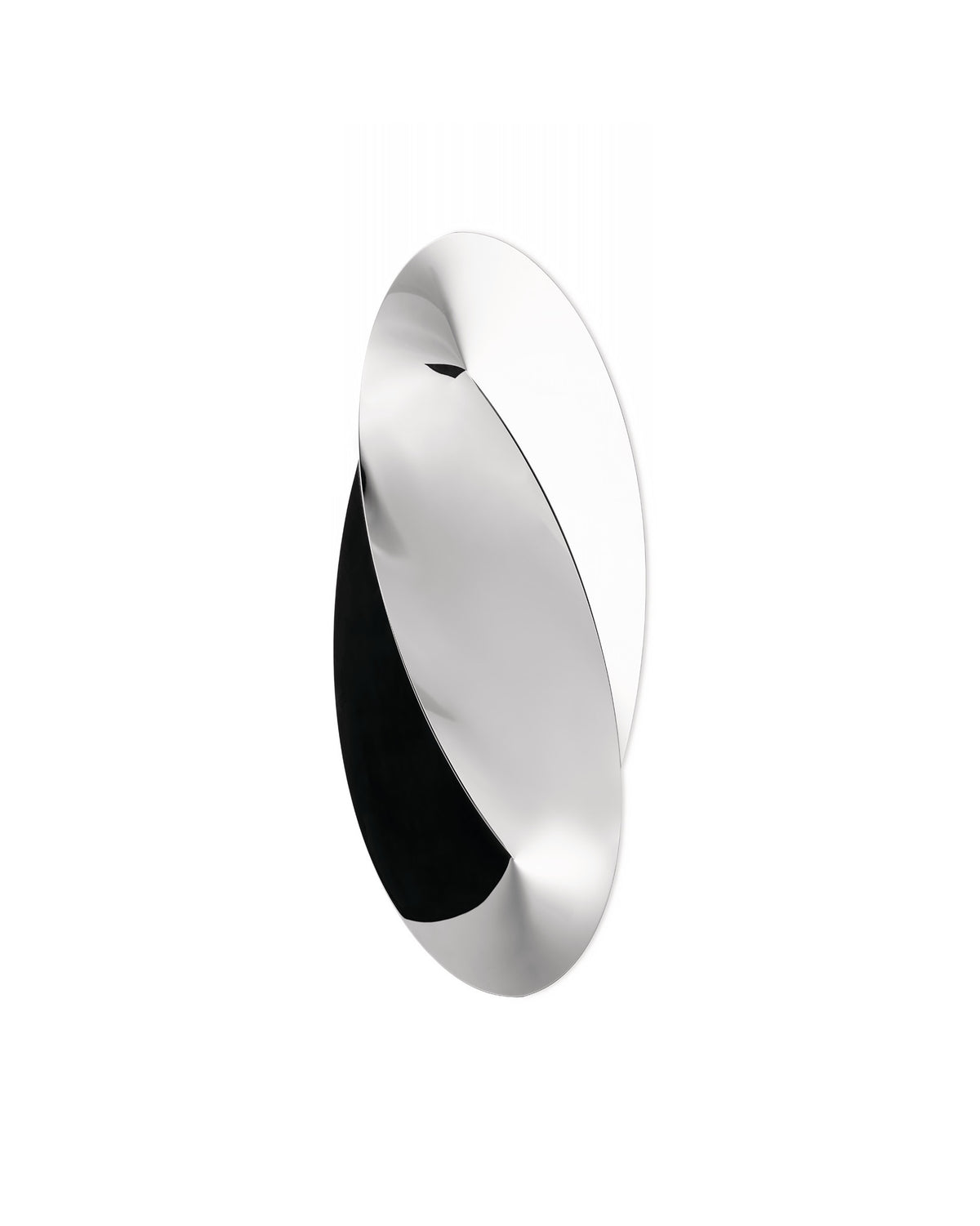 Silver metallic Octave basket by Alessi, with intertwined reflective oval shapes and black reflections.