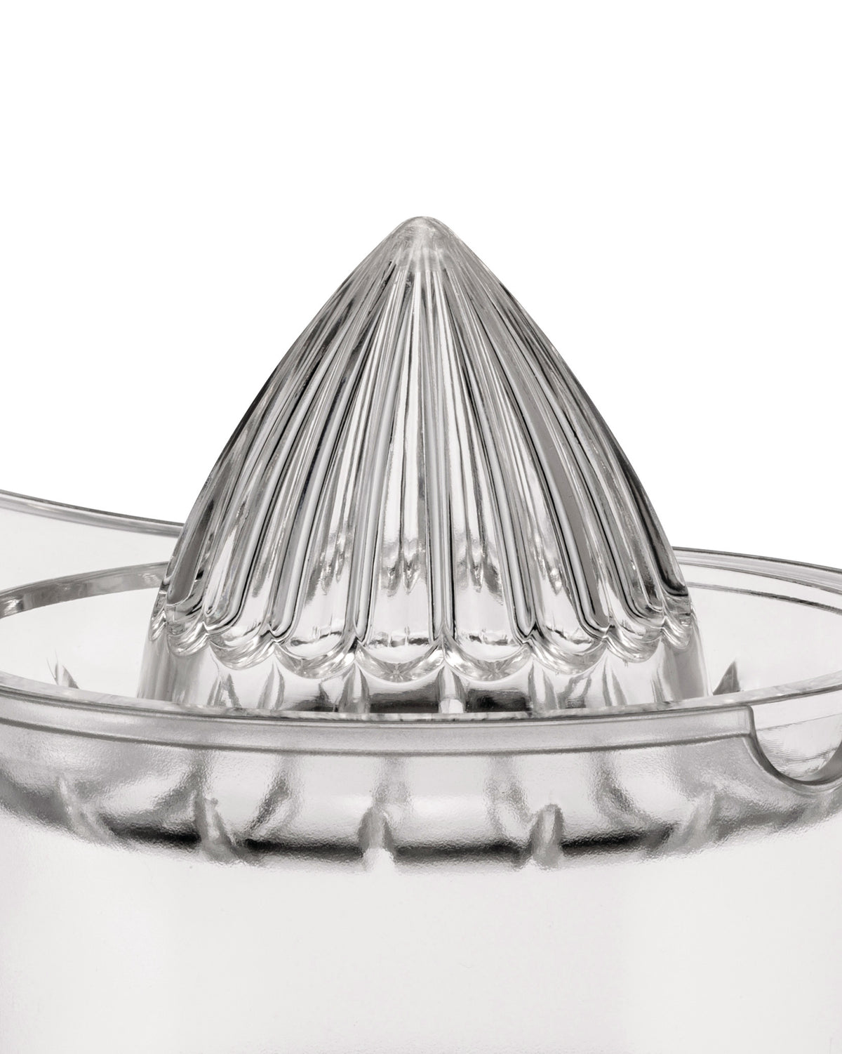 Clear acrylic citrus squeezer by Alessi with a ribbed cone design, cropped close-up.