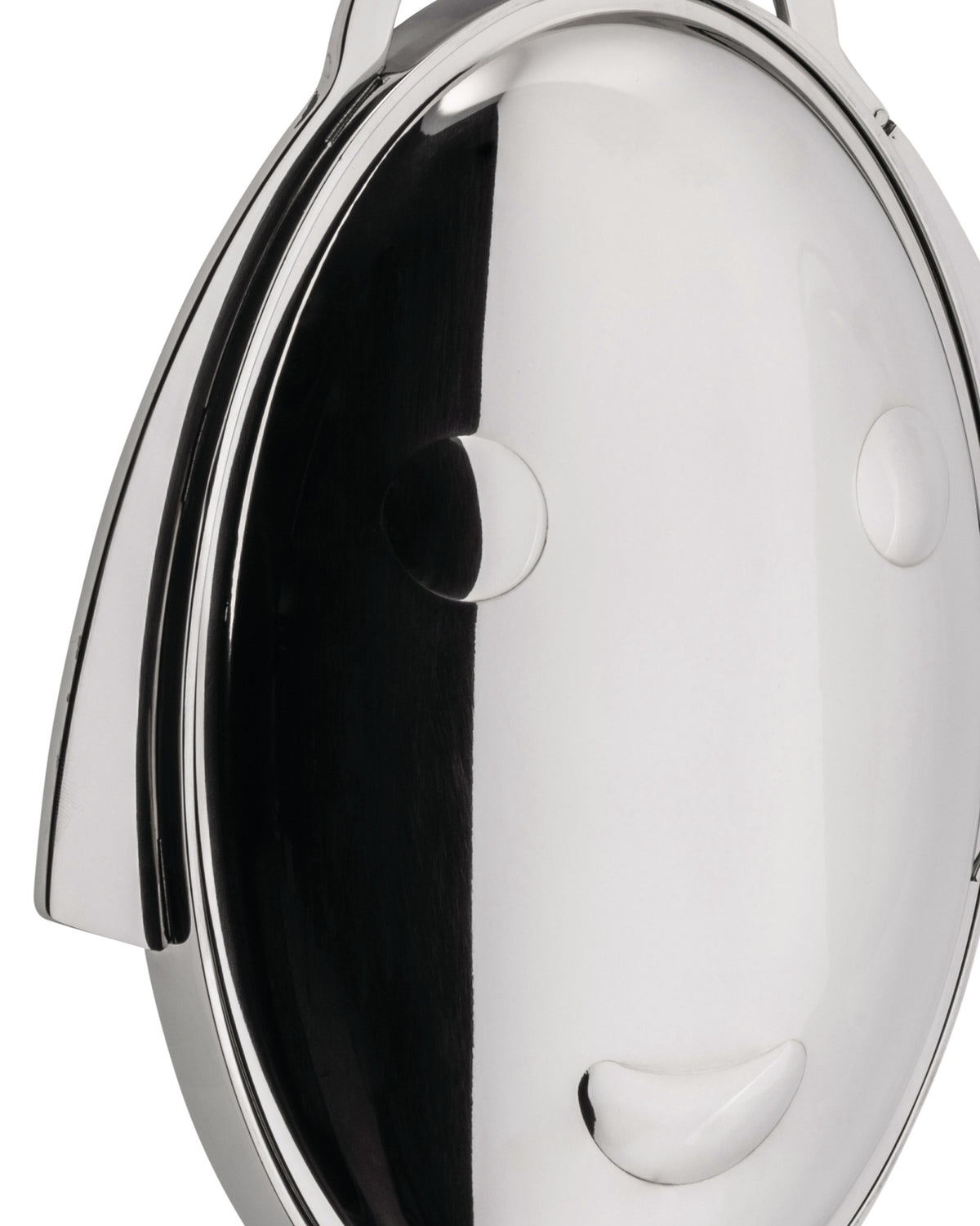 Polished chrome figurative folding cake stand by Alessi, with a reflective face-like design, featuring two eyes and a smile.
