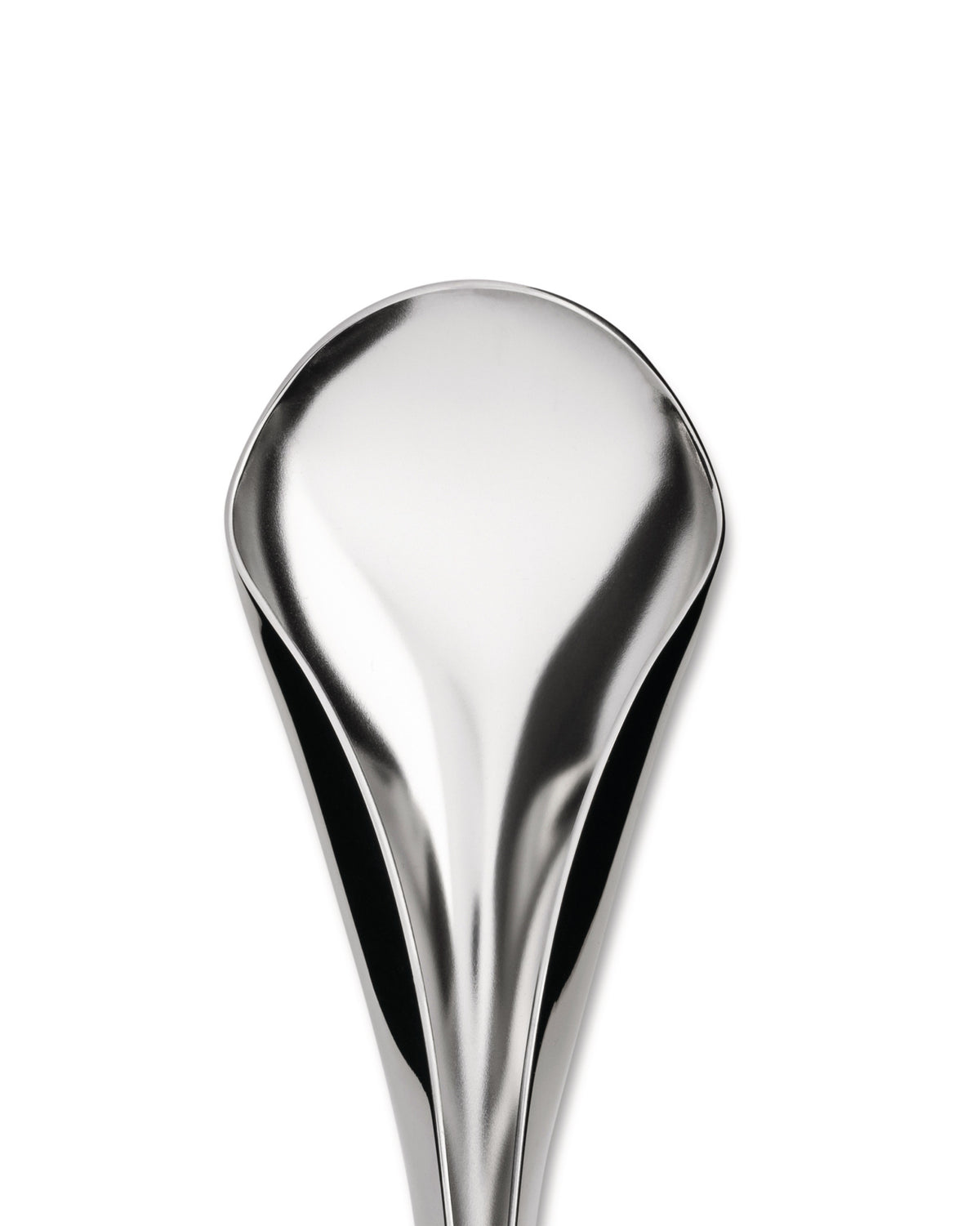 Silver-toned, sculptural serving spoon by Alessi, highly reflective and elongated, cropped against a white background.