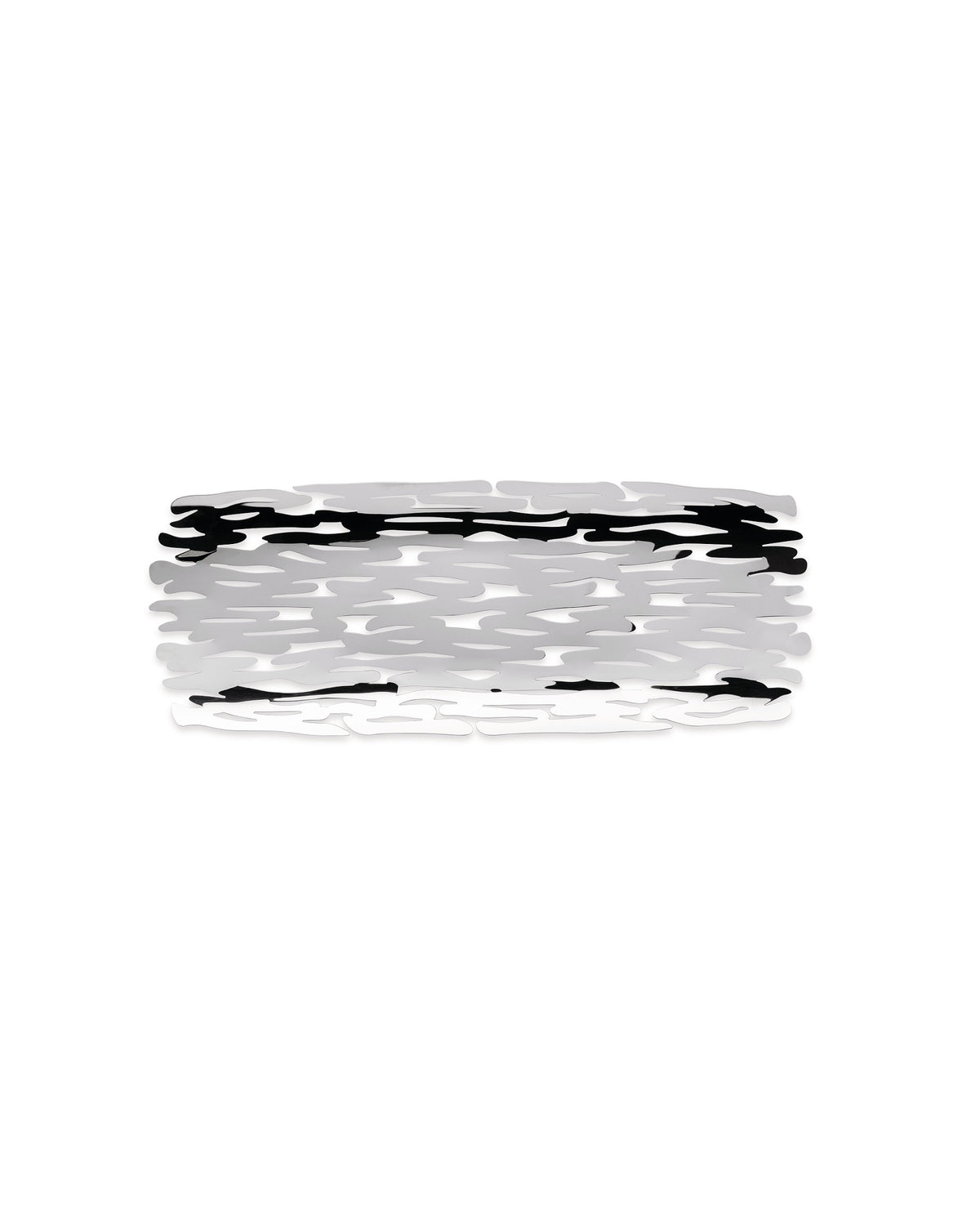 Silver perforated fruit bowl by Alessi, featuring an intricate organic bark-like pattern with black accents.