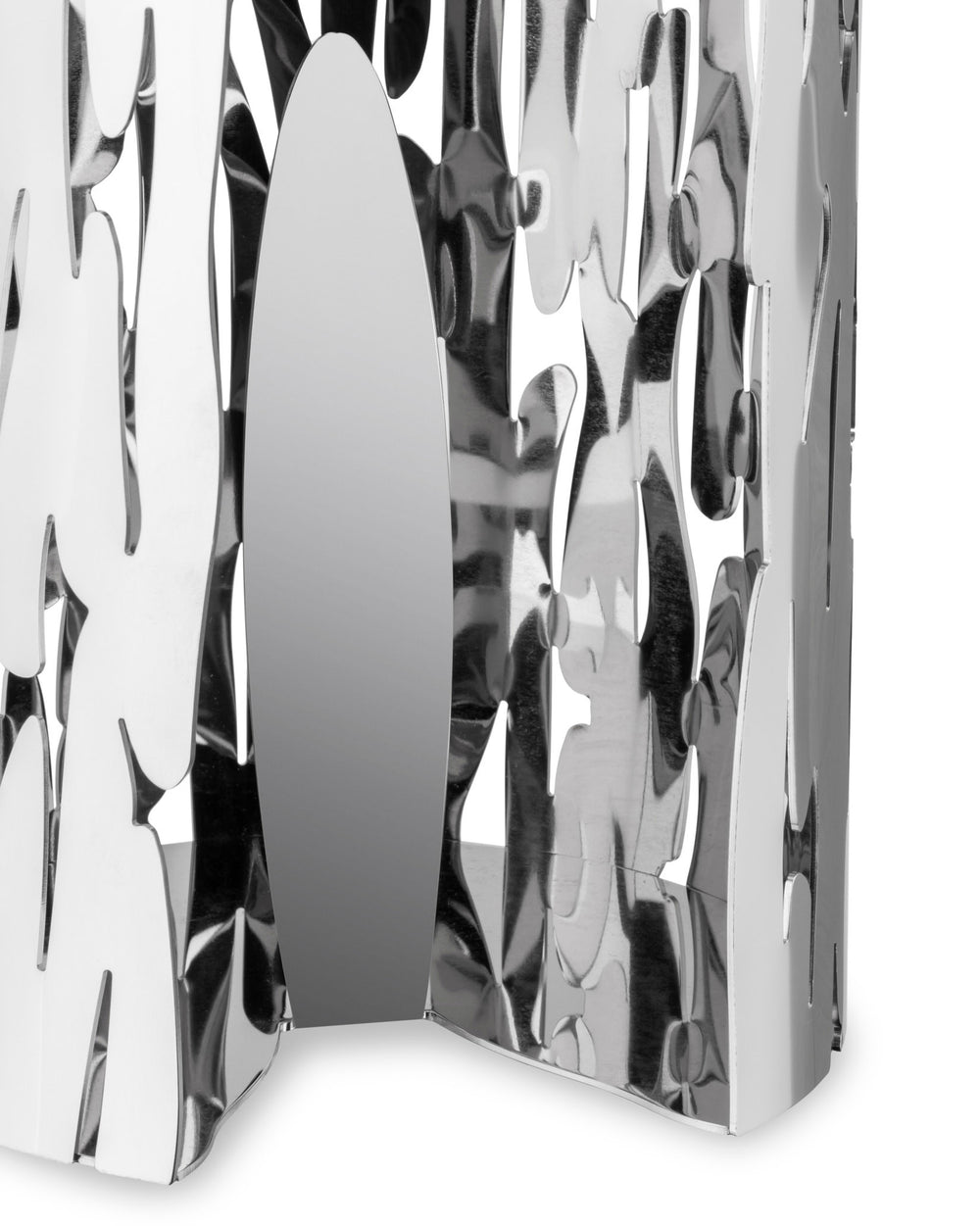 Silver metal decorative roll holder by Alessi, featuring irregular bark-like cutouts and a reflective finish.