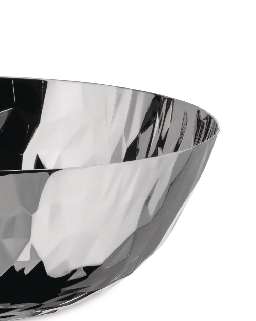 Faceted silver metallic bowl by Alessi, featuring a geometric, highly reflective surface in a cropped view.