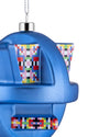 Blue matte Christmas tree ornament by Alessi featuring vibrant pixelated geometric patterns on its raised elements and a silver cap, shown cropped.