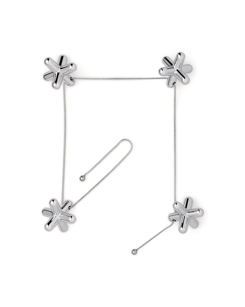 Silver metallic tripod trivet by Alessi, with four jack-shaped pieces linked by thin chains forming a square, plus an extra chain.