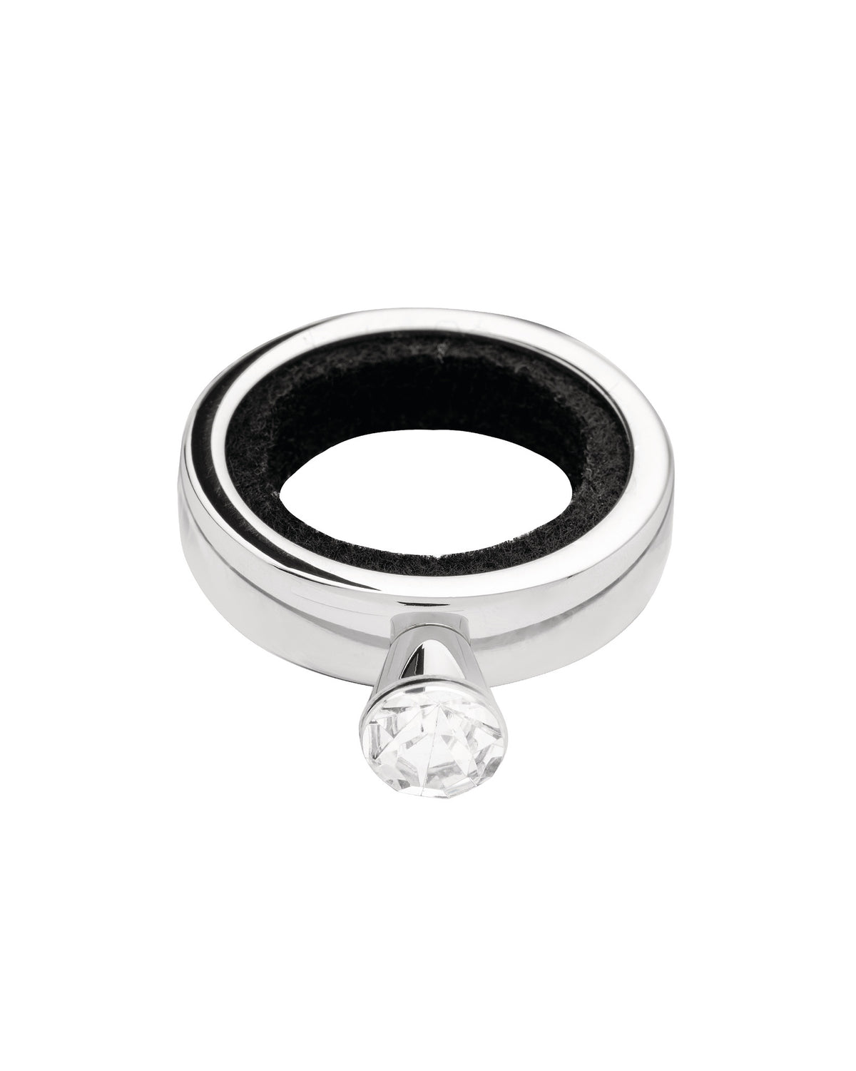 Silver-colored metal ring by Alessi with a black interior band and a clear faceted gem.