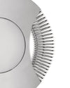Polished silver tending box by Alessi, captured in a close-up showing its distinct curved edge with radiating metal elements.
