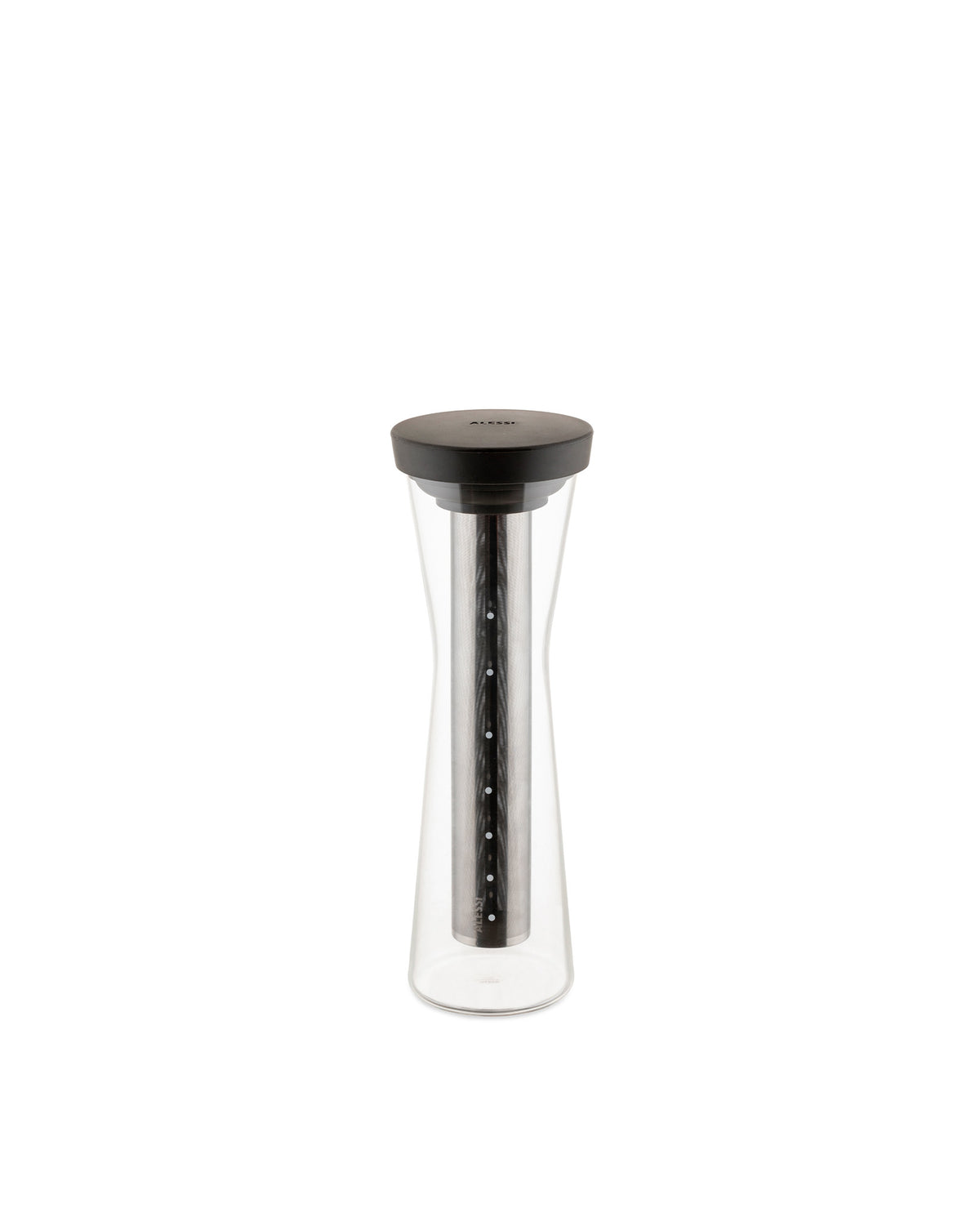 Clear hourglass-shaped glass pitcher by Alessi, with a black lid and an internal perforated metal infuser.