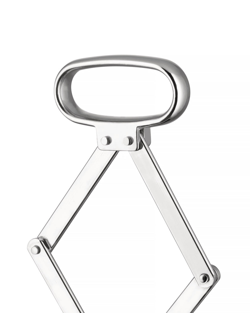 Polished silver metal corkscrew by Alessi with an oval handle and articulating arms, cropped on white.