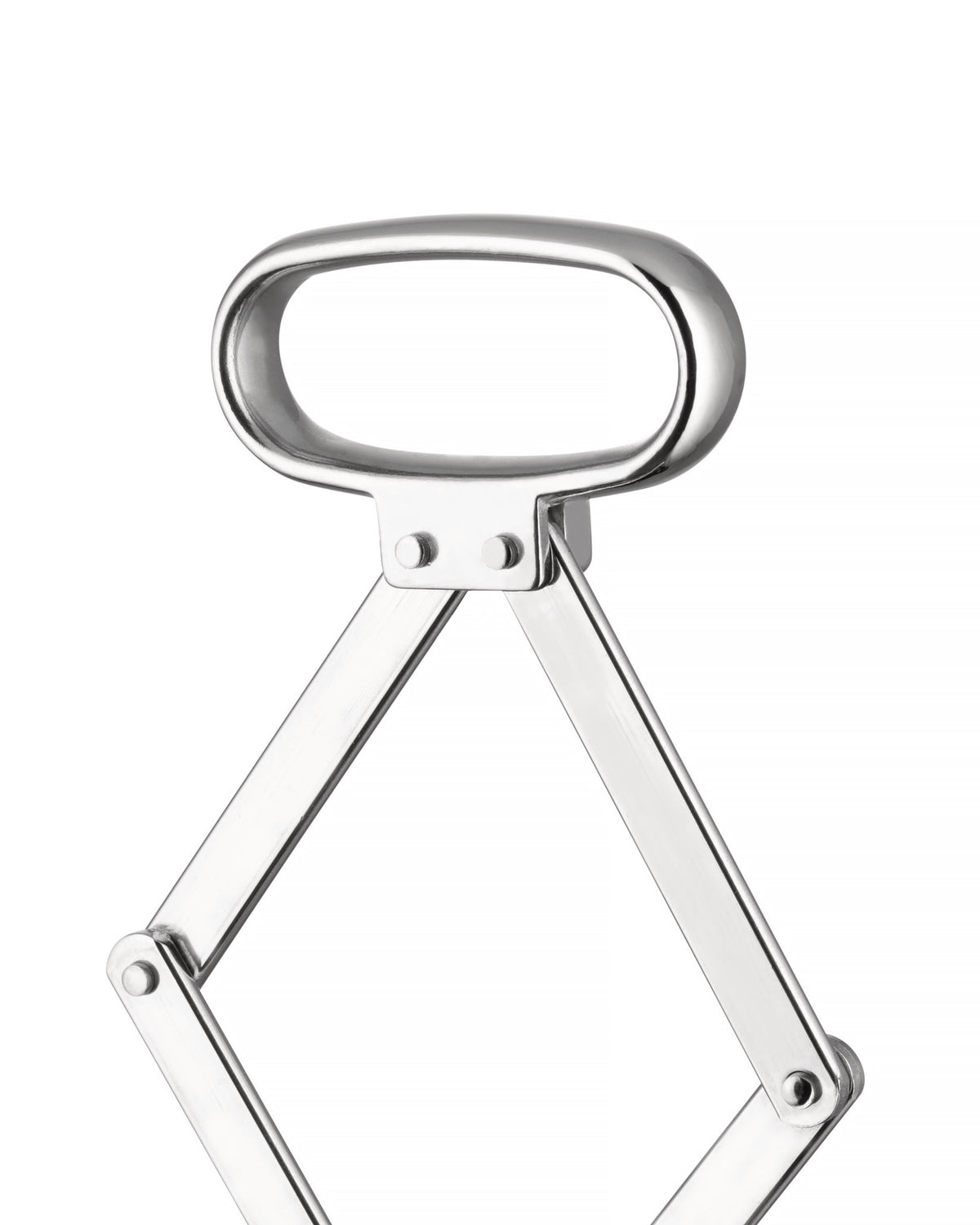 Polished silver metal corkscrew by Alessi with an oval handle and articulating arms, cropped on white.