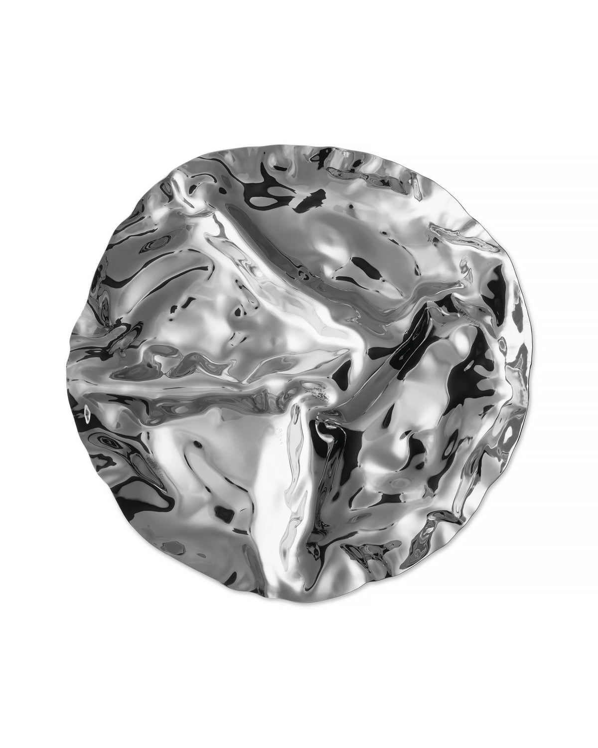 Silver serving plate by Alessi with a highly reflective, crumpled metallic surface.