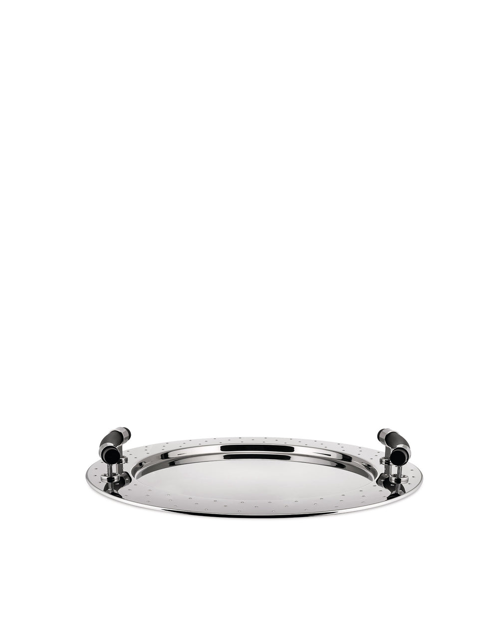A round polished metal serving tray by Alessi with a perforated rim and black handles.