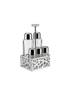 Glass and silver-toned metal oil cruet set by Alessi, with a cutout patterned holder for two bottles and two shakers.