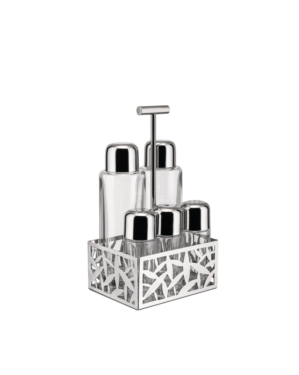 Glass and silver-toned metal oil cruet set by Alessi, with a cutout patterned holder for two bottles and two shakers.