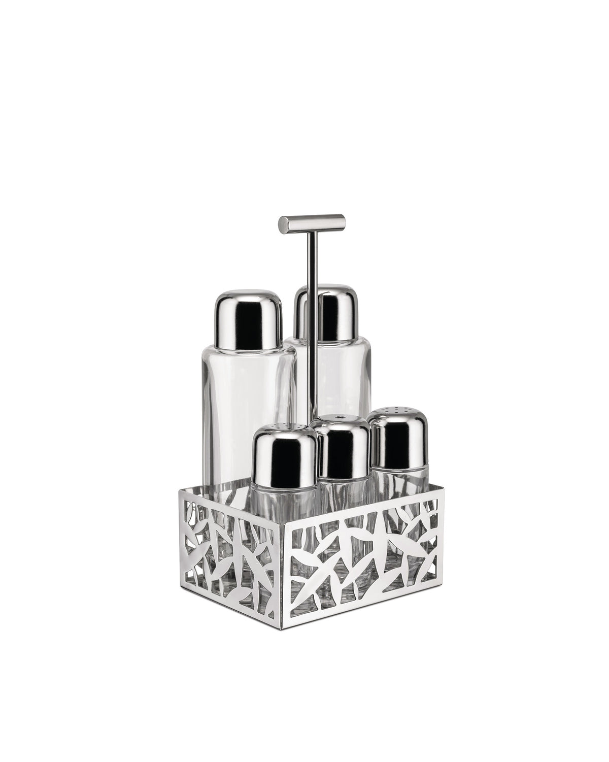Glass and silver-toned metal oil cruet set by Alessi, with a cutout patterned holder for two bottles and two shakers.